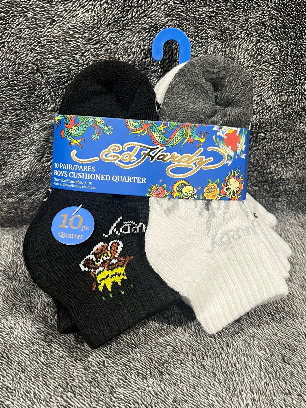 Ed Hardy Boys Cushioned Quarter Socks 10 Pair Pack little kid shoe size 7-10